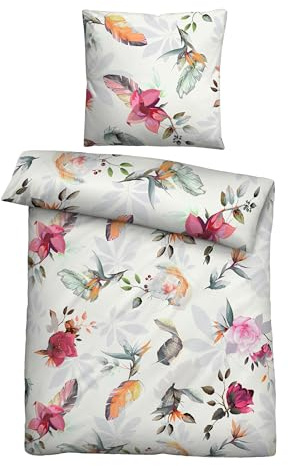biberna Premium Tencel Bettwäsche Garnitur 135x200 cm natur | 100% Lyocell | pflegeleicht, glatt, temperaturregulierend | Reißverschluss | Sommerbettwäsche aus Eukalyptus | Blumen | Modell 0474497