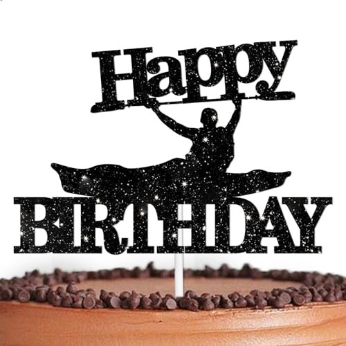 Black Glitter Happy Birthday Cake Topper Cheer to Canoe Sport Theme Decorations Men Women Happy Birthday Decor Supplies