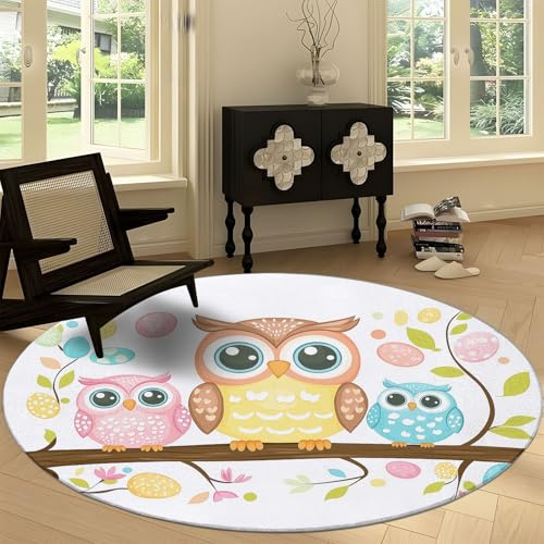 Cartoonstil Teppich Rund 180 cm Moderner rutschfest Teppiche, Wohnzimmer Waschbar Teppiche Cartoon Tier Eule - Weich Kurzflor Runder Teppich for Schlafzimmer Studie Heimbüro