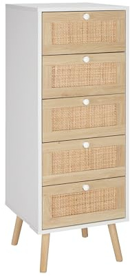Finnhomy Rattan Chest of Drawers Bedroom with 5 Hand Made Rattan Decorated Drawers for Bedroom, Tall & Small Bedside Cabinet with Wood Legs, White
