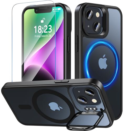 OWKEY Magnetisch für iPhone 13/iPhone 14 Hülle Mit Ständer,Kompatibel mit MagSafe,Schutzhülle mit Schutzfolie,Militär Fallschutz Stoßfest Handyhülle,Durchscheinend Matt Schwarz