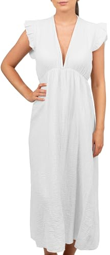 Reichstadt Musselin Kleid Damen Sommer Baumwolle Made in Italy | Luftiges Freizeitkleid, One Size, V-Ausschnitt oder Knopfleiste, Rüschen, Puffärmel, Boho Stil, bequem & elegant