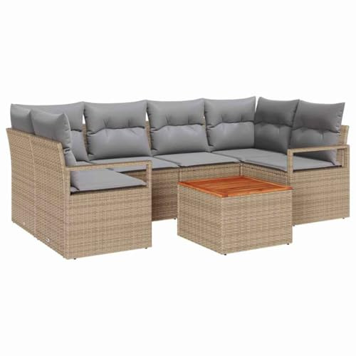 vidaXL 7-teiliges Garten-Sofa-Set mit Kissen in Beige aus Poly-Rattan und Akazie. Modular, stylisch und ideal für Terrasse und Garten. Wetterfest und perfekt fürs entspannte Loungen im urbanen Stil.