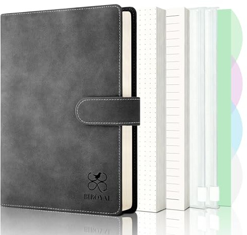 Notizbuch Ringbuch A5 Nachfüllbar, A5 Binder mit 6 Ringe, Tragbares Leder Ringordner mit Nachfüllpapier & Bindertaschen, Tagebuch für Erwachsene Bullet Journal für Schüler Berufstätige Reisende