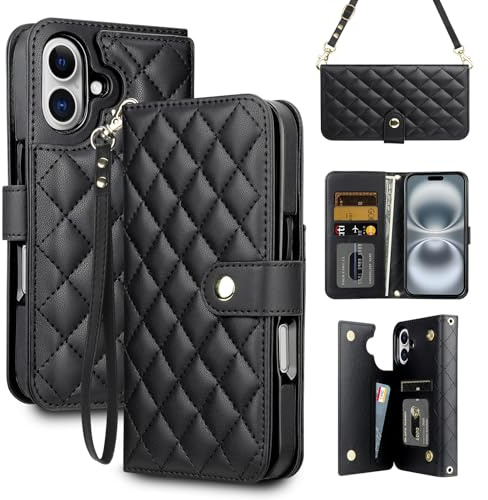 Coolden for iPhone 16 Case Wallet with Card Holder [4 Card Slots] Shoulder Strap for Women PU Leather Flip Magnetic Clasp Heavy Duty Protective Shockproof Cases Cover for iPhone 16 Phone Case-Black