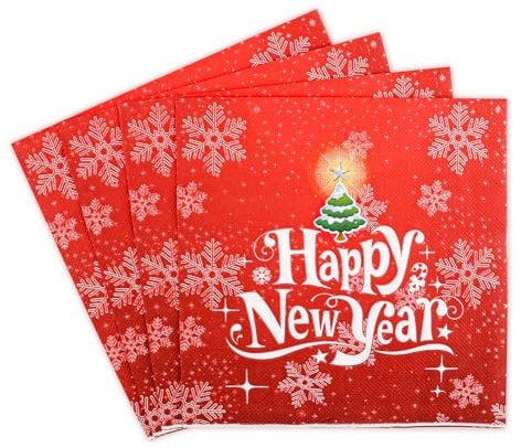 Tookala 40 Stück Rot Servietten Neujahr, Tischdeko Party Deko Einwegservietten, Fröhliche Neujahr Servietten, Happy New Year Napkin, Papiertücher 33x33cm
