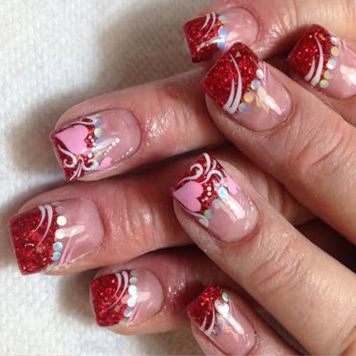 24 Pcs Short Square Valentine's Day Acrylic Nails Love Heart Designs Stick On Manicure Art For Women Romance Acrylic Nail