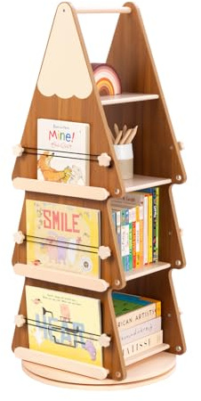OOOK Bibliotheque Rotative Enfant, Bibliotheque Tournante à 4 Niveaux, Étagère Livre Enfant Bois Massif à 360°, étagère à Livres pour Chambres d'enfant, salles de Classe, Chambres de bébé