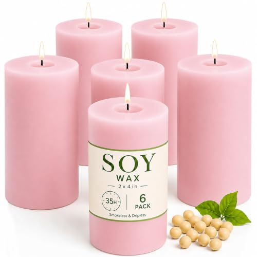TRIRITE 6 Stück Soja-Stumpenkerzen, 5x10cm Rosa Geruchlos Stumpenkerzen | ungiftige handgefertigte, duftneutrale stumpenkerzen aus Sojawachs, 35 stunden brenndauer sauberes abbrennen notfallkerzen