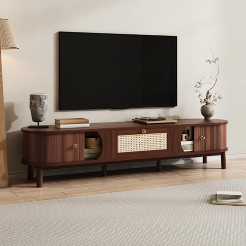 BOSTEU Rustic TV Cabinet Lowboard with Sliding Doors and Rattan Drawer for Living Room (Walnut)