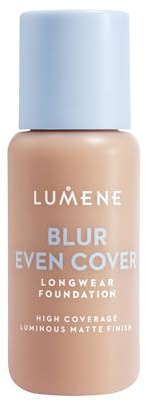 LUMENE Blur Even Cover Foundation | Hochdeckende, leichte Flüssigfoundation mit strahlendem, mattem Finish | 16 Stunden Halt | Niacinamid & nordische Heidelbeere | Parfümfrei | Farbton 3 | 30 ml