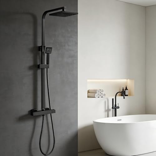 STANEW - Columna de Ducha Termostática, Conjunto de Ducha, Cuarto de Baño, Columna de Ducha, Termostato con Mezclador Ajustable en Altura, Sistema de Ducha (Negro)