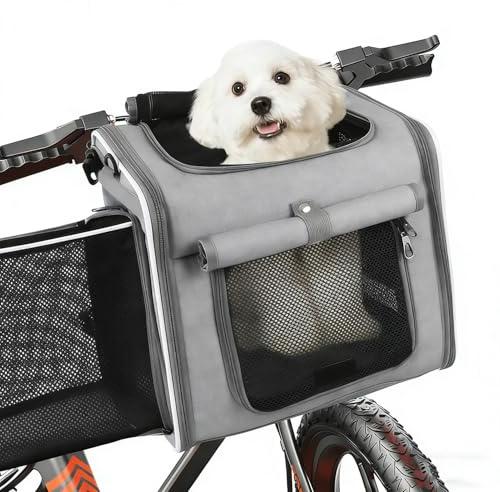 Exquilnova Hundekorb Fahrrad Vorne, 4-in-1 Erweiterbare Rucksack Fahrradkorb Hund, Hundefahrradkorb Vorne atmungsaktiv mit 4-Mesh-Fenster, Faltbarer Fahrrad Hundekorb Für Kleine Hunde Katzen
