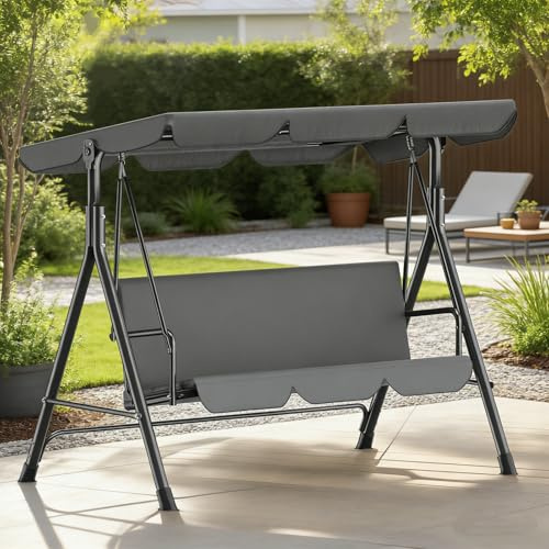Ferzone Hollywoodschaukel 3-Sitzer, Gartenschaukel mit Verstellbarem Sonnendach, Hollywoodschaukel UV-Schutz Wetterfest,Gartenschaukel 220kg Belastbar 193 x 110 x 152cm, für Terrasse Balkon, Anthrazit