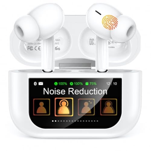 ZZU Kopfhörer Kabellose Bluetooth mit Smart Touchscreen, 48 Std. Laufzeit, Bluetooth 5.4 In-Ear Ohrhörer mit ANC & ENC Geräuschunterdrückung, 5 EQ-Modi, HiFi Stereo, IPX7 Wasserdicht Cremeweiß