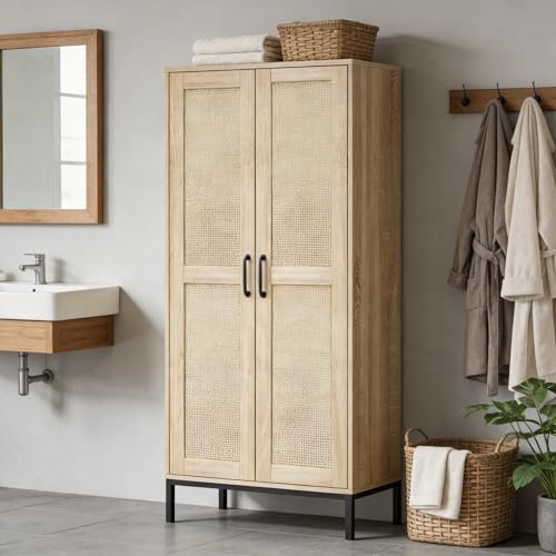 Cupboard, Tall Kitchen Cabinet Cupboards, Wooden Storage Cabinet Hallway Storage Unit, Freestanding Sideboard Wardrobe with Doors & Adjustable Shelves for Living Room (Natural, Rattan Decor)