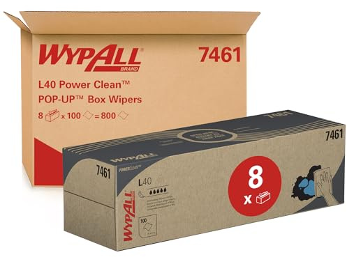 WypAll L40 Power Clean POP-UP-Wischtücher in der Zupfbox 7461 – Wischpapier – 8 Boxen x 100 weiße Reinigungstücher (insges. 800)