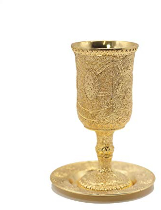 Jerusalem Shabbat Kiddush Tasse en verre et plaque en métal plaqué or