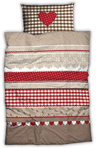 CASATEX Renforcé Bettwäsche Landhaus Rot Braun Baumwolle Herz Karo Kariert Romantik, Größe:200 cm x 220 cm