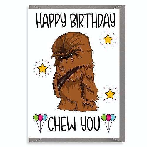 Funny Birthday Card – Chew You Design – Humorous Cute Hairy Character – Pun Card for Him or Her C141