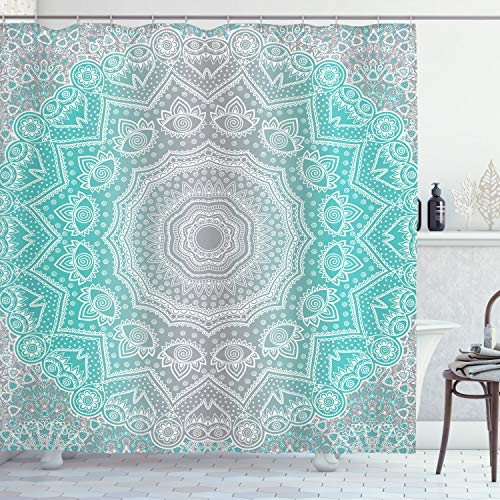 ABAKUHAUS Grau und Türkis Duschvorhang, Ombre Ethnic, Stoffliches Gewebe Badezimmerdekorationsset mit Haken, 175 x 240 cm, Türkis Grau