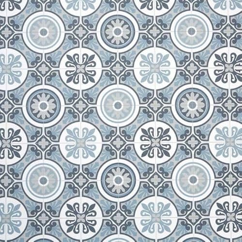 Moroccan Tile Design Cushion Vinyl Flooring Sheet White Grey & Blue Patterned Non Slip Lino Conservatory Kitchen Bathroom Floor (Tangier 09, 2m x 3m)