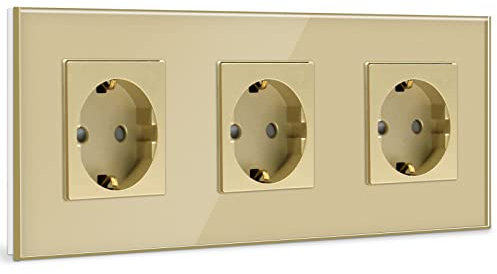 BSEED Schuko Steckdose 3 Fach Kristall Glas Platte Steckdose Glas Schuko Dreifach Steckdose 16Amp Steckdose 228 mm Gold Verlängerungssteckdosen Wandsteckdose