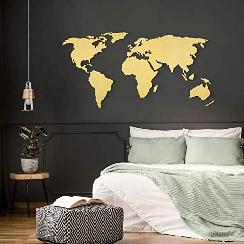 Alu-Dibond Poster Metalloptik Silbereffekt 3D Weltkarte Worldmap Welt Länder (200x 100cm Gold)