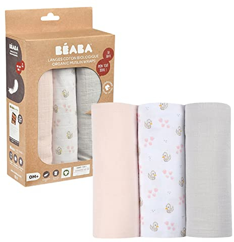 BÉABA, 3-er Set Mullwindeln, Spucktücher, Bio-Baumwollmusselin, Mehrzwecktücher: Wickeldecke, Lätzchen, Kuscheltuch, Superweich, Luftdurchlässig, Groß, 70 x 70, Ökologisch und Gesund, Motiv Schwan
