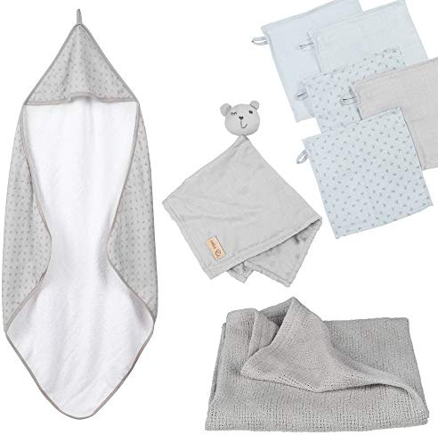 roba Geschenk Baby Pflege - Set zur Geburt - Handtuch, Waschlappen, Schmusetuch & Decke - Bio Baumwolle - GOTS zertifiziert - für Mädchen & Jungen - Grau