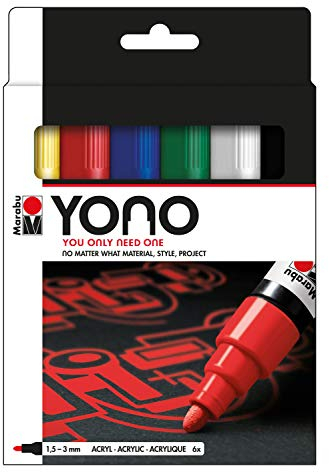 Marabu 1240000004002 - YONO Marker Set mit 6 Farben, vielseitige Acrylstifte mit japanischer Rundspitze 1,5 - 3 mm, wasserbasiert, lichtecht und wasserfest, für nahezu alle Untergründe