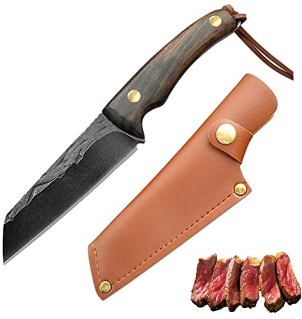 Fubinaty Chef Knife 4 Inch Small BBQ Knife Handmade Forged Fruit Peeling Knife High Carbon Steel Kitchen Cook Knives Full Tang Wood Handle with Sheath for Home, Restaurant, Camping