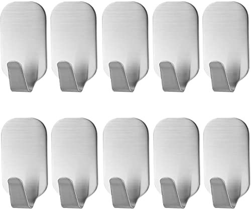 SECALIFE Pack of 10 Self-Adhesive Stainless Steel Hooks Waterproof Towel Hooks Stick on Wall and Door for Kitchen, Bathroom and Office