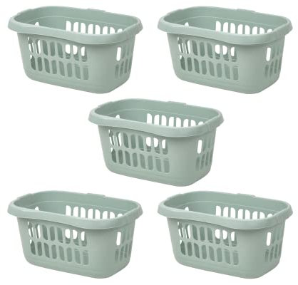 M1SS Set of 5-60 Litre Silver Sage Hipster Laundry Basket High Grade Plastic Washing Clothes Linen Storage Bin Tidy Household