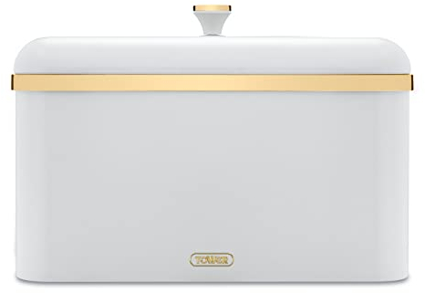 Tower T826130WHT Cavaletto Bread Bin with Removable Lid, Large Capacity, Durable Steel Body, Optic White and Champagne Gold