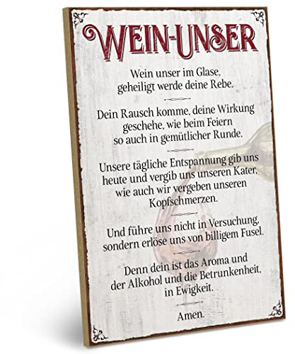 ARTFAVES® Wandbild Holzschild mit Spruch - Wein-Unser - Türschild Retro Vintage Deko Bild Geschenk - witzige Wein Sprüche