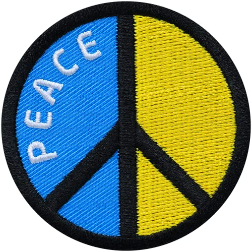 2 x Peace Zeichen rund gestickt 62 mm/Ukraine Flagge Gelb Blau Frieden Krieg/Patch Patches Aufbügler Aufnäher Bügel-Flicken Applikation zum Aufbügeln Aufnähen auf Kleidung Rucksack