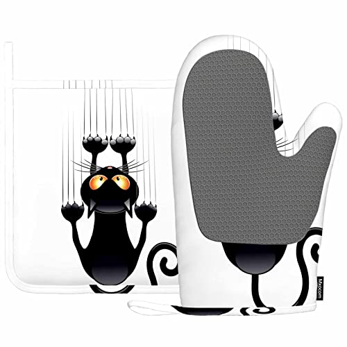Mxocom Lustiger Katzen-Ofenhandschuh und Topflappen mit Silikon, schwarze Katze, Cartoon-Kratzwand, hitzebeständig, Küche zum Kochen, Grillen, Frühling/Sommer