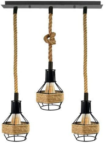 Modern 3 Light Hemp Pendant Ceiling Lamp Adjustable Height Rope Shades 50cm | Bar Nordic Style Hanging Fixture for Dining Room, Kitchen Island, Living Room, Bedroom