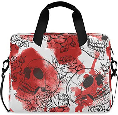 Laptop-Tasche, Schultertasche, Umhängetasche, Totenkopf, Gothic, rote Rose, Computer-Tablet-Tasche für 35,6 cm bis 39,6 cm (14 Zoll) Notebook-Schultergurt, A374, Large