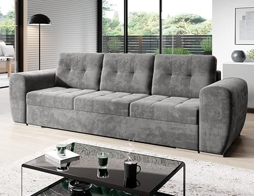 MODERNO Bari 3-Sitzer Sofa mit Schlaffunktion Couch Schlafsofa mit Bettkasten Schlafcouch Moderne Möbel ins Wohnzimmer Sofagarnituren Veloursstoff Steppsofa Grau