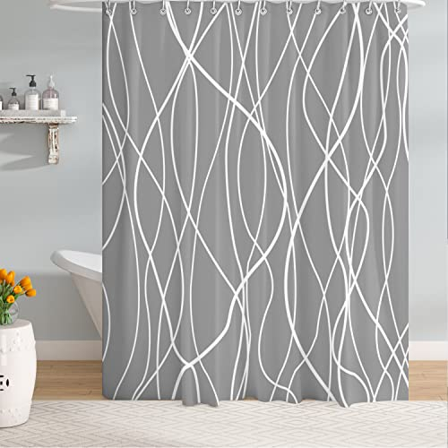 M&W DAS DESIGN Duschvorhang aus Polyester Stoff, mit Linien, Anti-Schimmel, wasserdicht Badevorhang inkl. 12 C-Ringe, beschwerter Saum, schlicht minimalistisch, Farbfest, 180x200cm