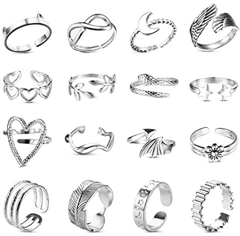 LOLIAS 16 Stück Ringe Set für Damen - Edelstahl Knöchel und Daumen Ringe - Stapelbare Offene Trendy Minimalistischer Fingerringe - Silber