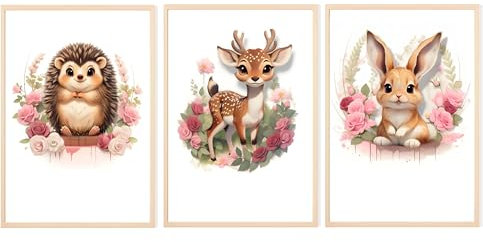 Yasa Waldtiere 3er Set Kinderzimmer Mädchen mit Blumen Poster A4 Bilder Babyzimmer Kunstdruck
