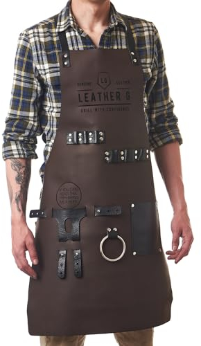 Leather G Lederschürze für Herren: Grill, Grill, Pitmaster, Koch, Barkeeper – handgefertigte Lederschürze – langlebig und stilvoll, Dunkelbraunes Leder, Standard