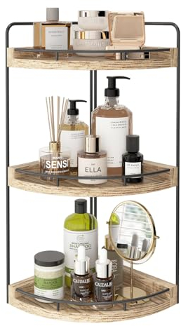 Fixwal Corner Bathroom Counter Organizer, 3 Tier Rustic Bathroom Organizer, Wood Countertop Storage Tray for Vanity, Kitchen, Bedroom (Light Brown)