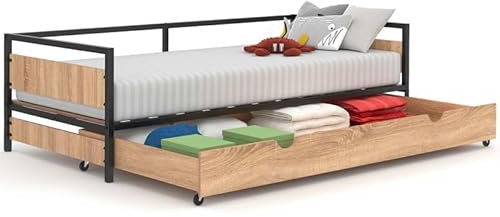 IDMarket - Cama infantil Detroit 90x190 cm con cajón nido y almacenamiento estilo industrial
