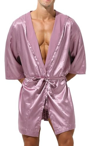 Mufeng Kimono Robe Hommes Peignoir Satin Homme Robes Chambre Kimonos Chemise de Nuit Courte Rose poussiéreux M