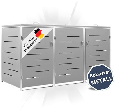 DELUKE 3er Mülltonnenbox JAGU Edelstahl | Grau | 115x207x77,5cm | Mülltonnenverkleidung für 3 Tonnen 240L Müllbox aus Metall Mülltonnenschutz Mülltonnendach
