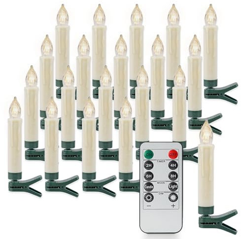 Rhytsing 20er Christbaumkerzen Led Kabellos mit Fernbedienung, Lichterkette für Weihnachtsbaum mit Timer Dimmbar in Warmweiß, IP44 Spritzwassergeschützt